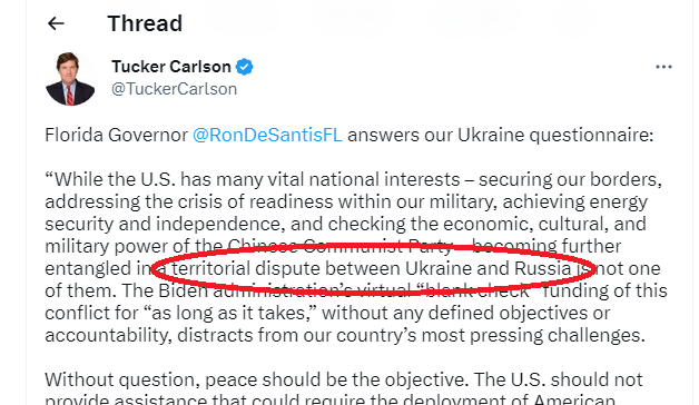 svdate's tweet photo. DeSantis tells Tucker Carlson that Russia's invasion of Ukraine is a "territorial dispute."
Sort of in the way that 1939-40 was a territorial dispute between Germany and Poland. And Belgium. And France. And ... https://t.co/qkOqwHwiOc
