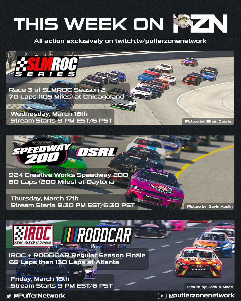 PufferNetwork's tweet image. This week on PZN:

Big week of racing this week on PZN.

@SLMROC returns to the big track with 70 laps at Chicagoland.

@OSRL_ kicks off Season 5 with the Speedway 200.

We end the week with a @RODDCAR and IROC double header to wrap up their regular season at Atlanta.