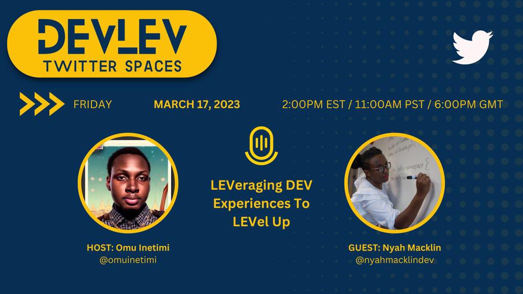 omuinetimi's tweet photo. For a while, I’ve had the idea for a series called #DevLev where devs come and share their individual tech journeys and experiences with the public on spaces and I’m finally acting on it.
Come hear about @NyahMacklinDev’s story as she shares about her journey! https://t.co/9n1BIZYsRM