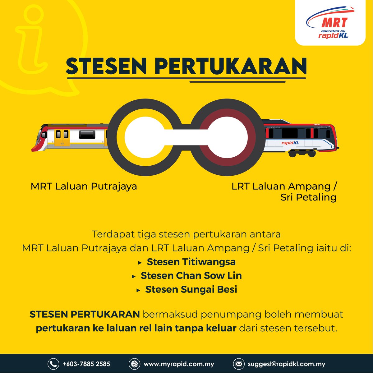 myrapidkl's tweet photo. ℹ️Tahukah anda, MRT Laluan Putrajaya 🚈 mempunyai 5️⃣ stesen pertukaran 🔀 di sepanjang laluannya?

#JomNaikMRT #PYLine #RapidKL #KamiBawaAnda https://t.co/pVBYDFAcRb