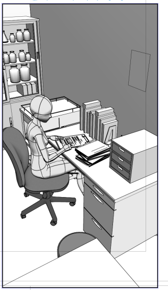 コミスタの方からも3D素材を持ってきて診察室を再構築。いい感じ 