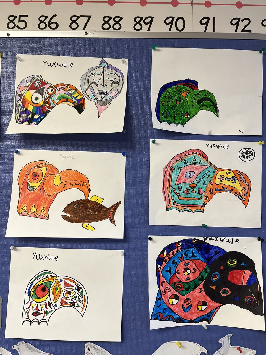 bugooo's tweet photo. Gorgeous eagle art inspired by the work of Lawrence Yuxwelupton. Credit to JoyfulLearning and Coast Salish artist and author Andrea Fritz from the Lyackson First Nation of the Hul'qumi'num speaking Peoples on the West Coast of Canada. @VSB39 @TyeeElementary https://t.co/2lbUjAB8Z9