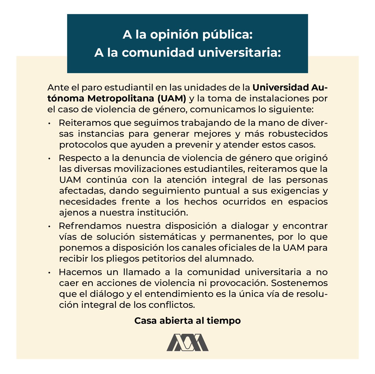 📣 A la opinión pública, a la comunidad universitaria
.
#UAM #SoyUAM
#ComunicadoUAM