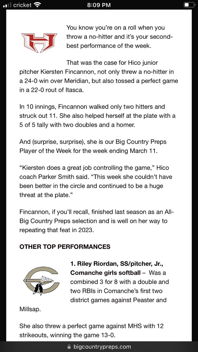 KFincannon's tweet photo. Thank you @BigCountrySport for this honor. I couldn’t do it without my team! Congrats @riordan_riley for making the list multiple weeks in a row! #hicotigers #AllIn @hicoladytigers @parrksmiith @coachswear @TX_SuddenImpact @ChetZachry @sifastpitch https://t.co/sJzZ8pomyt