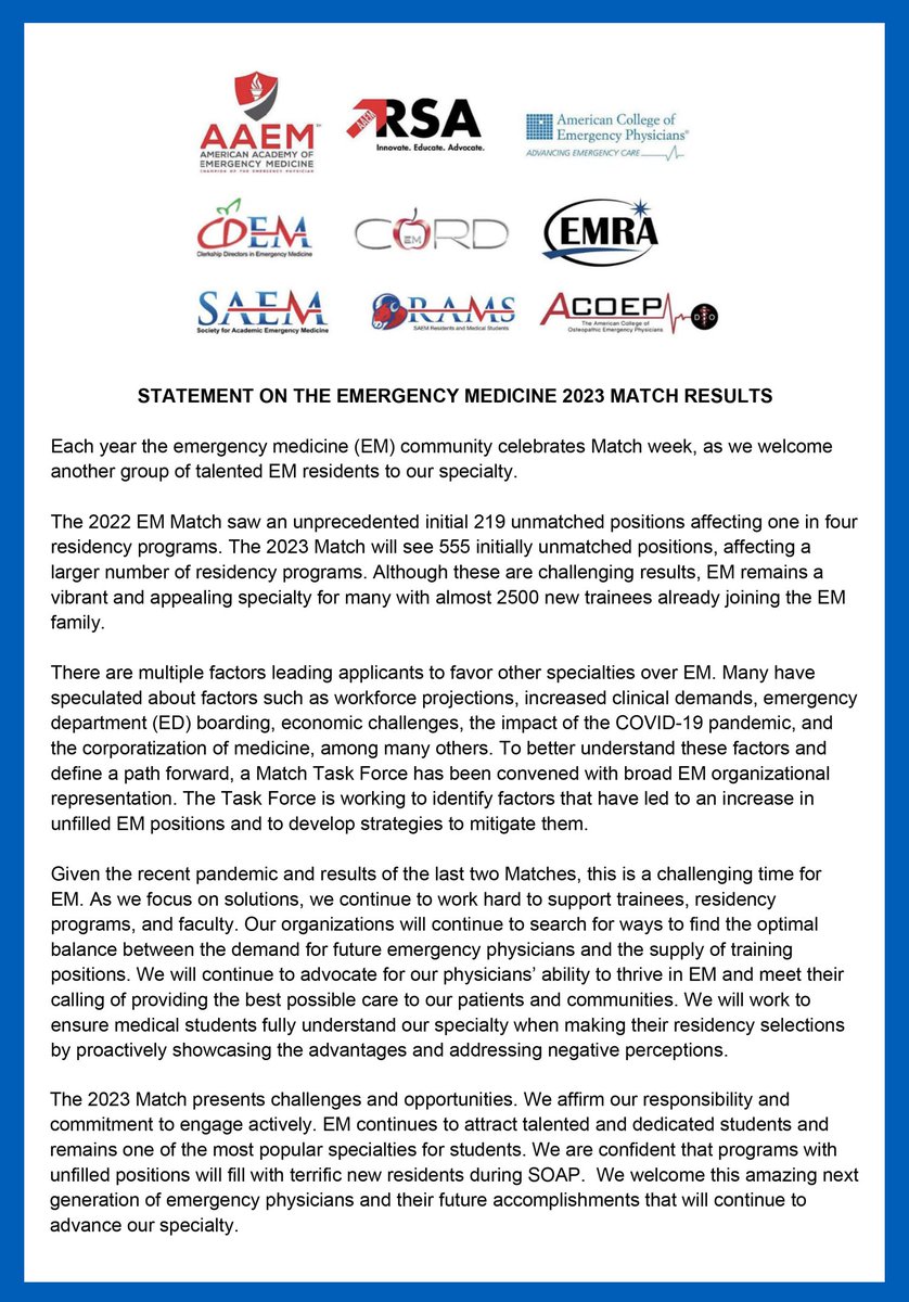 ACEPNation's tweet photo. Although the results of #Match2023 are challenging, we're ready to meet that challenge. We're proud to welcome our #EMBound trainees, and we're working together to ensure the strength of our workforce now and in the future.

Our joint statement: https://t.co/9ouajVTbVV https://t.co/PKrBXimC4t