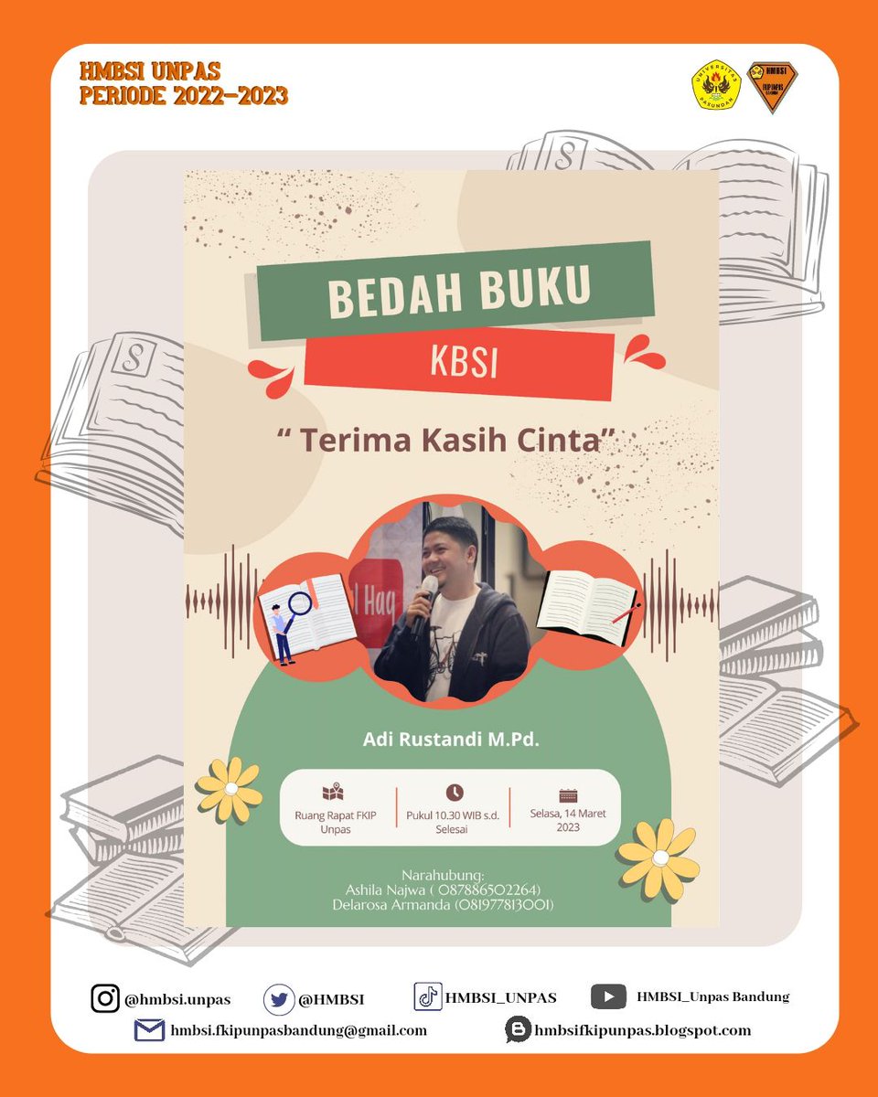 Hallo Akang/Teteh👋

Ada yang baru nih dari KBSI ✨
Jadi KBSI akan mengadakan Bedah Buku pada sebuah novel Karya Adi Rustandi, M.Pd. dengan judul “Terima Kasih Cinta”  penasarankan? Yuk mari ikut kegiatan bedah buku ini !!

Kami tunggu partisipasi nya akang/teteh ✨