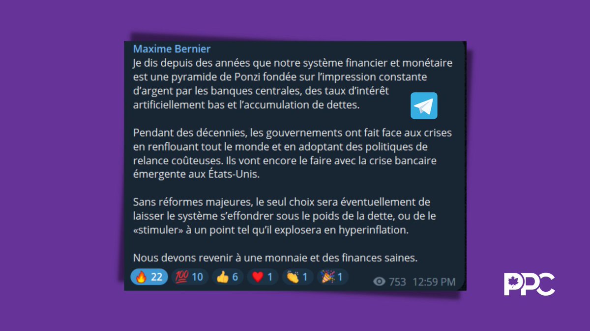 ppc_qse's tweet photo. "Sans réformes majeures, le seul choix sera éventuellement de laisser le système s’effondrer sous le poids de la dette, ou de le «stimuler» à un point tel qu’il explosera en hyperinflation. 

Nous devons revenir à une monnaie et des finances saines." - @MaximeBernier 

#polcan https://t.co/IlPYGAGLvw