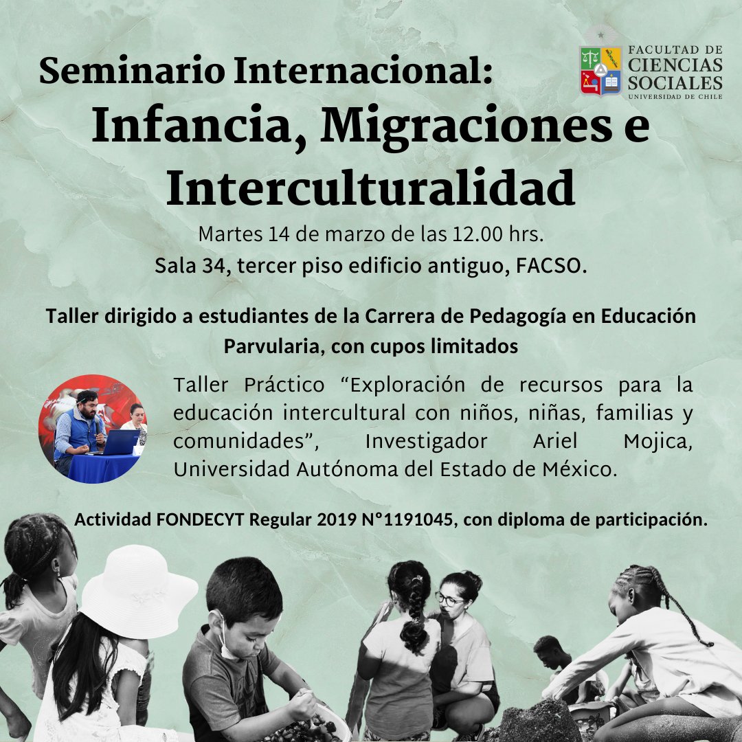 HOY a las 12:00hrs. inicia el Seminario Internacional <a href="/facsouchile/">Ciencias Sociales</a> "Infancia, migraciones e interculturalidad", cuya primera jornada es hoy, y culmina mañana, miércoles 15, en la Sala 1, Aulario B del campus JGM. Más info en: uchile.cl/u203032