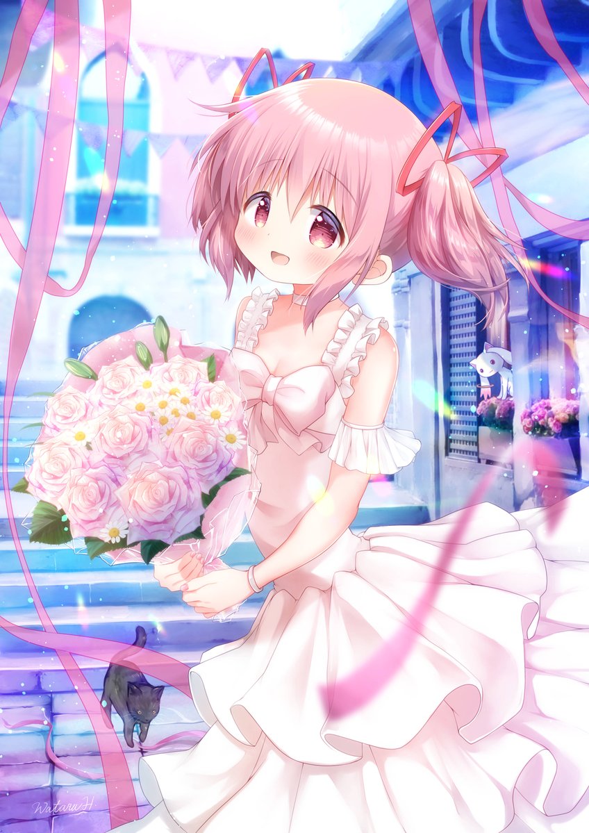 kaname madoka 1girl pink hair flower ribbon dress pink eyes twintails  illustration images