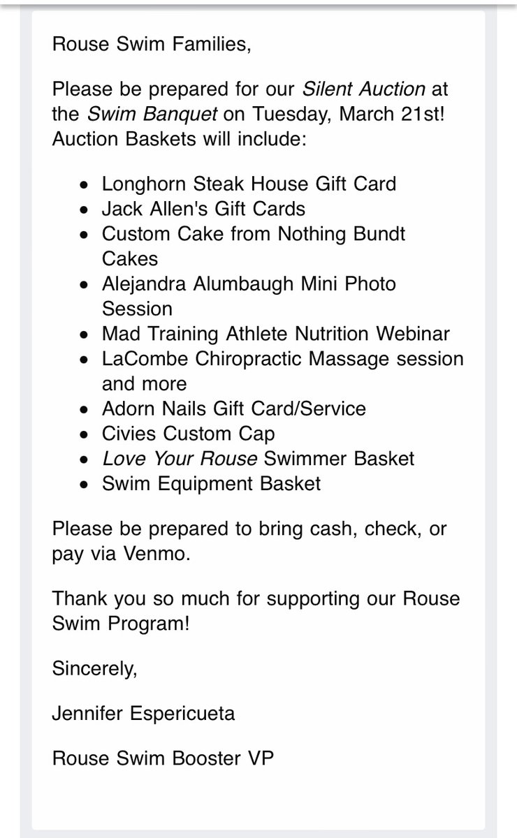 🤩Raiders! Exciting Banquet Update!!🎉
🤩Silent Auction Baskets Yay!🛍️🎁

🗣️Please see this from our Rouse Swim Booster VP- Jennifer Espericueta, and check the website for details too!💥💥

Let’s Celebrate our Raiders <a href="/Banquet/">Banquet</a> on 3/21/23 🎊🎉🏊🏻‍♂️🏊‍♀️

rouseswimming.swimtopia.com
🎉🏊‍♀️🎉🏊🏻‍♂️