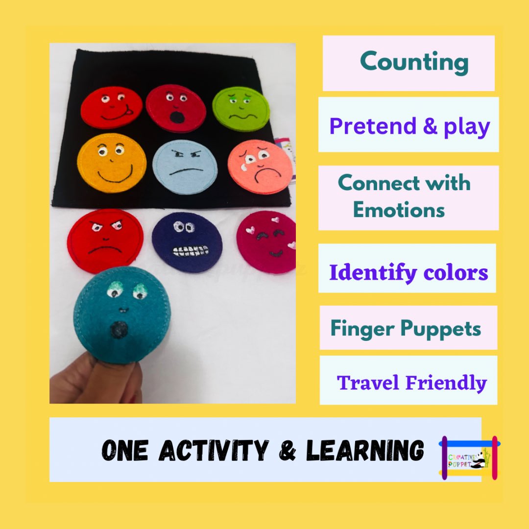 creativepuppetz's tweet photo. Emotions - finger Puppets 
..
..
One activity &amp; learning happening while playing.
..
..
#selfplay #pretendandplay #fabrictoys #clothtoys #felttoys #handeyecoordination #madeinindia #childled #handeyecoordination https://t.co/nweCXB3mXJ
