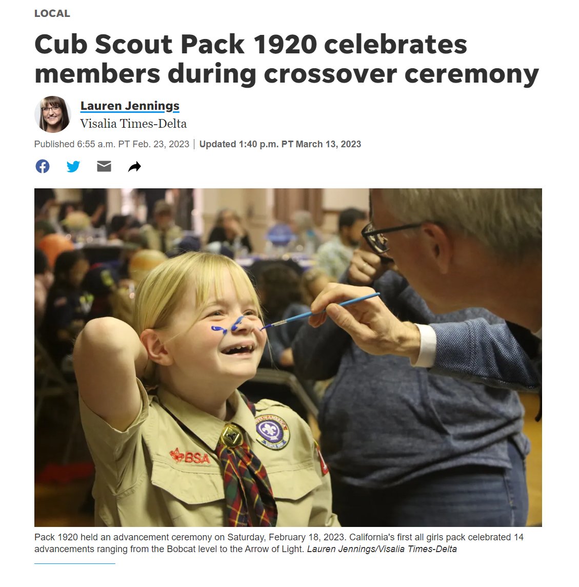 Check out this article from the Visalia Times Delta overviewing Cub Scout Pack 1920's annual advancement ceremony. It was a very special event honoring members from California's first all-girl cub pack!

-->  visaliatimesdelta.com/story/news/loc…