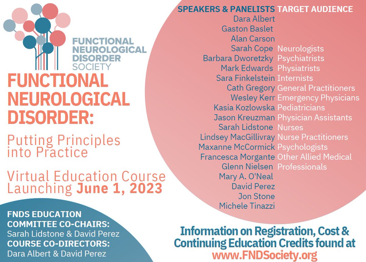 David L. Perez MD, MMSc, FAAN, FANPA (@davidlewisperez) on Twitter photo With the support of the <a href="/FNDSociety/">Functional Neurological Disorder Society</a> Board including FNDS President <a href="/AlanCarson15/">Alan Carson</a>, the Education Committee is announcing a VIRTUAL education course "Functional Neurological Disorder: Putting Principles into Practice". Practical & multidisciplinary. 1/n
fndsociety.org/fnd-education/… With the support of the <a href="/FNDSociety/">Functional Neurological Disorder Society</a> Board including FNDS President <a href="/AlanCarson15/">Alan Carson</a>, the Education Committee is announcing a VIRTUAL education course "Functional Neurological Disorder: Putting Principles into Practice". Practical & multidisciplinary. 1/n
fndsociety.org/fnd-education/…