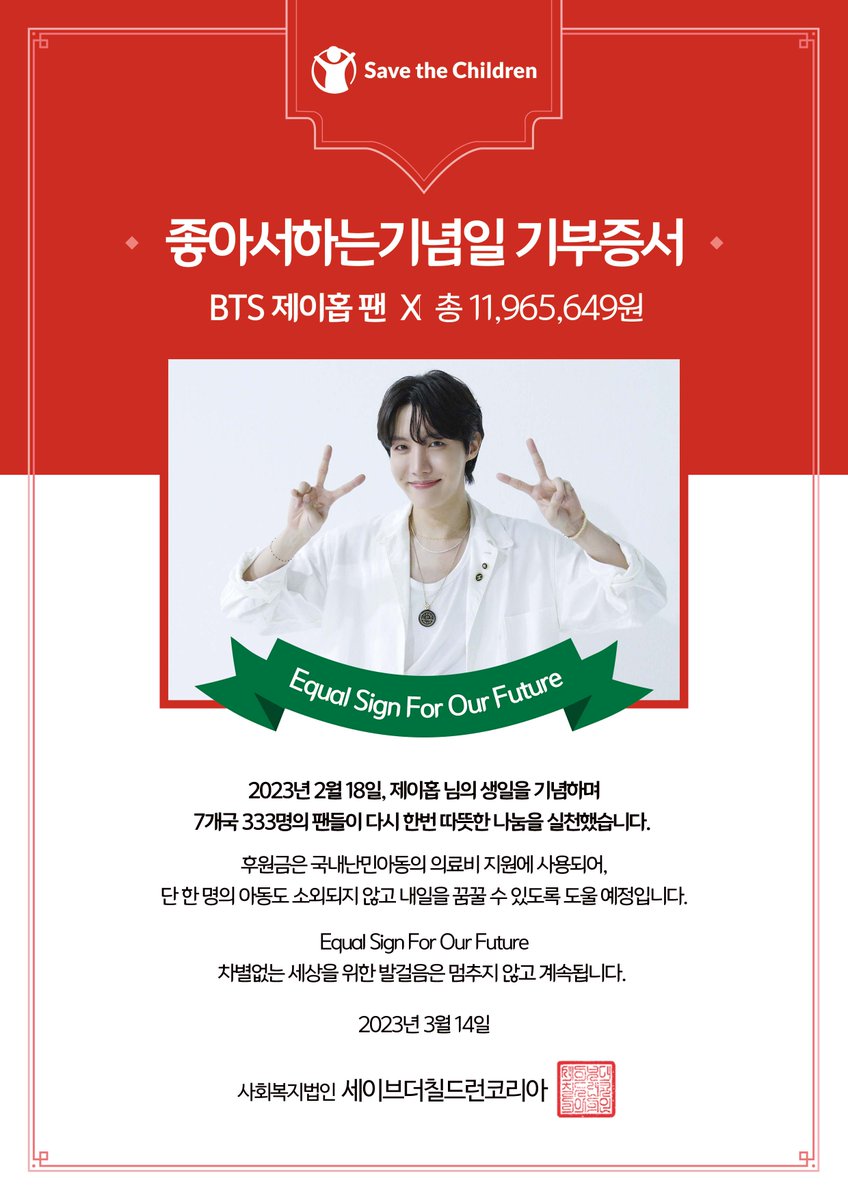 stckorea's tweet photo. #BTS #jhope 의 생일 기념 #EqualSignForOurFuture 캠페인에 한국,미국, 필리핀, 호주, 대만, 일본, 스웨덴 총 7개국 333명 팬 분들이 11,965,649원을 기부해주셨어요! 후원금은 국내난민아동의 의료비로 지원될 예정입니다♥
#좋아서하는기념일 #세이브더칠드런@HOPEONWORLD_twt https://t.co/hQKfRf2XnJ