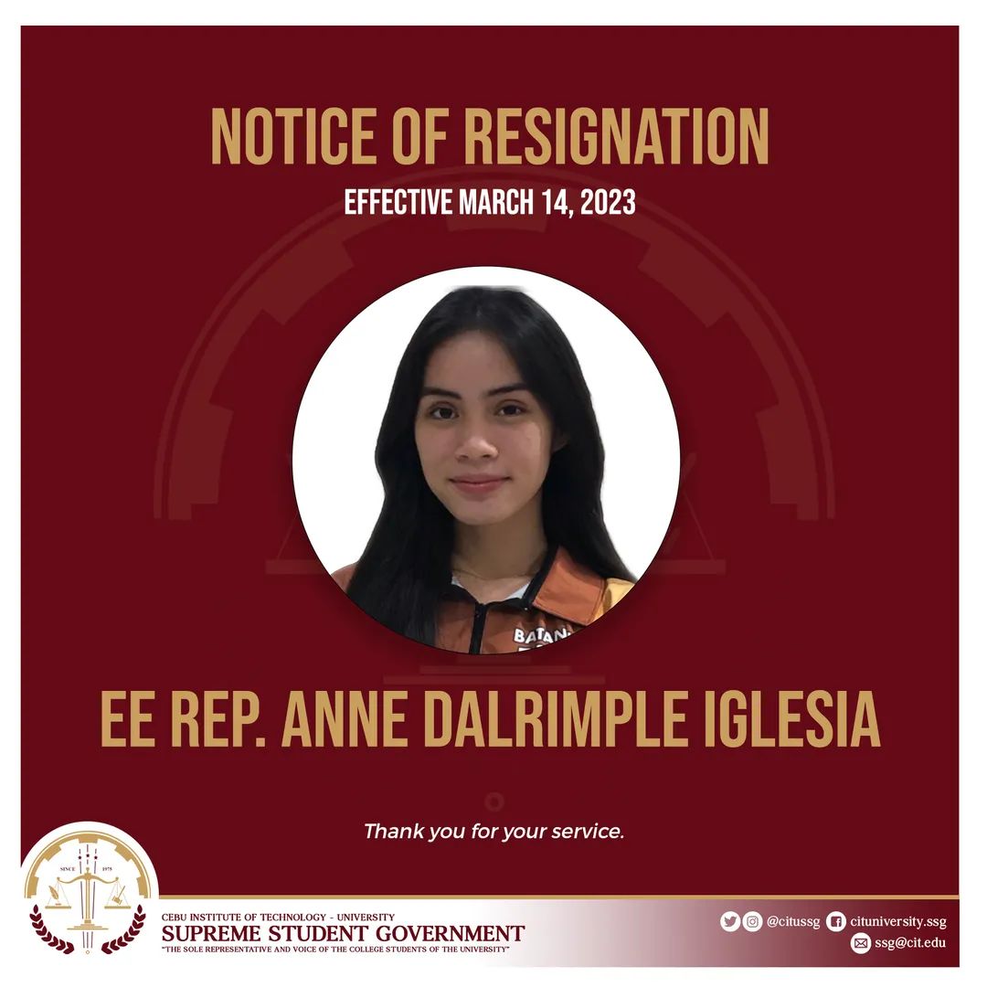 citussg's tweet photo. 𝐍𝐨𝐭𝐢𝐜𝐞 𝐨𝐟 𝐑𝐞𝐬𝐢𝐠𝐧𝐚𝐭𝐢𝐨𝐧 

The CIT University Supreme Student Government officially announces that the following officers have resigned from their office effective today, March 14, 2023:

- CHE Rep. Eva Marie Alcansado (Legislative Secretary) https://t.co/H6pxhu1DSZ