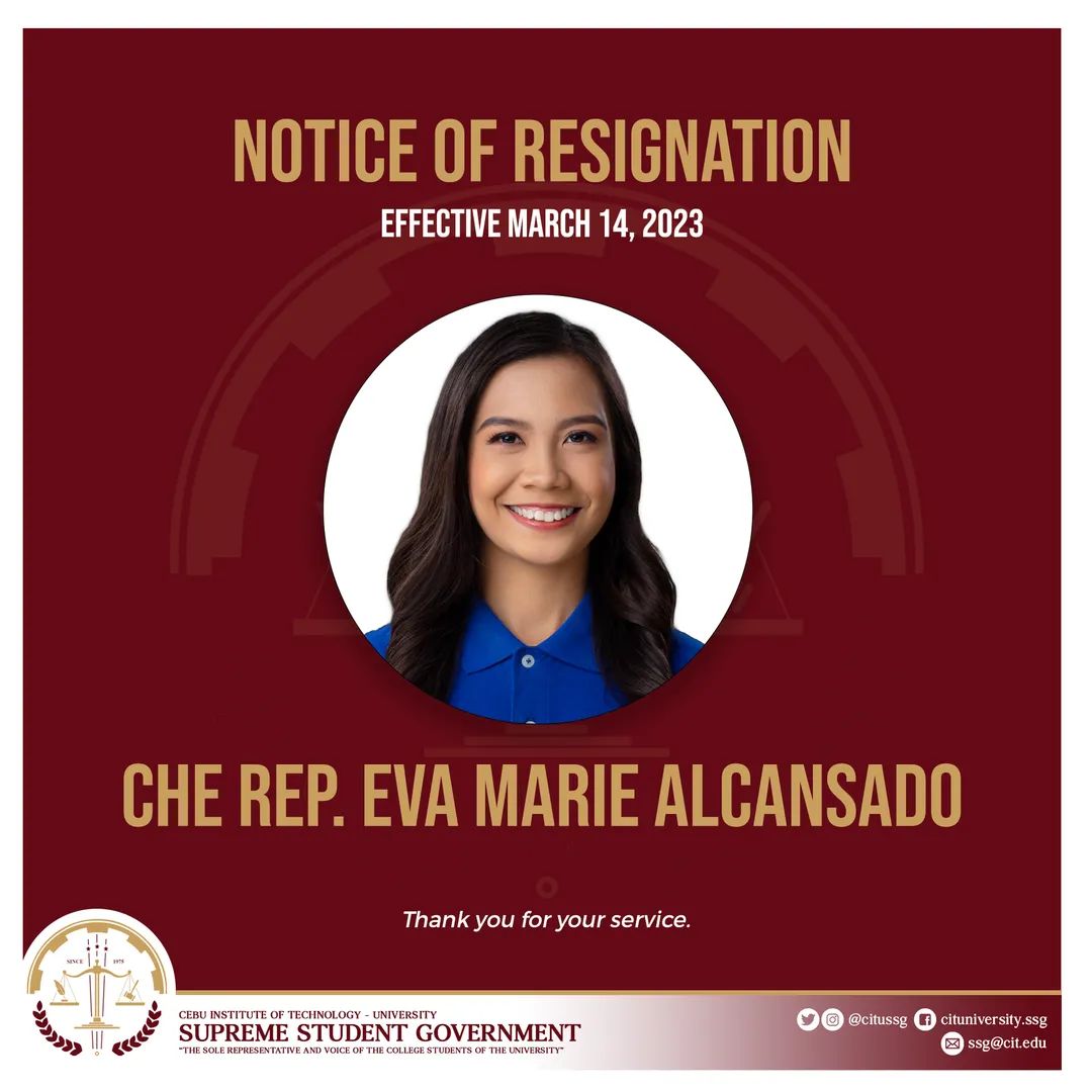 citussg's tweet photo. 𝐍𝐨𝐭𝐢𝐜𝐞 𝐨𝐟 𝐑𝐞𝐬𝐢𝐠𝐧𝐚𝐭𝐢𝐨𝐧 

The CIT University Supreme Student Government officially announces that the following officers have resigned from their office effective today, March 14, 2023:

- CHE Rep. Eva Marie Alcansado (Legislative Secretary) https://t.co/H6pxhu1DSZ