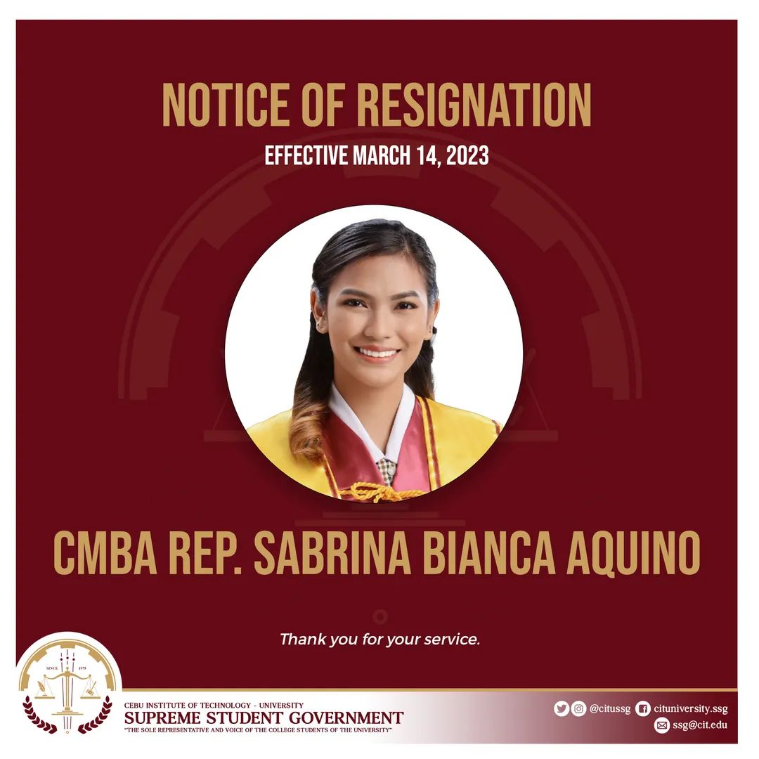 citussg's tweet photo. 𝐍𝐨𝐭𝐢𝐜𝐞 𝐨𝐟 𝐑𝐞𝐬𝐢𝐠𝐧𝐚𝐭𝐢𝐨𝐧 

The CIT University Supreme Student Government officially announces that the following officers have resigned from their office effective today, March 14, 2023:

- CHE Rep. Eva Marie Alcansado (Legislative Secretary) https://t.co/H6pxhu1DSZ