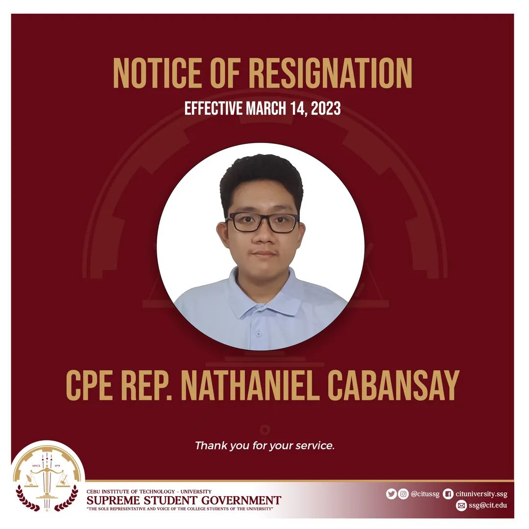 citussg's tweet photo. 𝐍𝐨𝐭𝐢𝐜𝐞 𝐨𝐟 𝐑𝐞𝐬𝐢𝐠𝐧𝐚𝐭𝐢𝐨𝐧 

The CIT University Supreme Student Government officially announces that the following officers have resigned from their office effective today, March 14, 2023:

- CHE Rep. Eva Marie Alcansado (Legislative Secretary) https://t.co/H6pxhu1DSZ