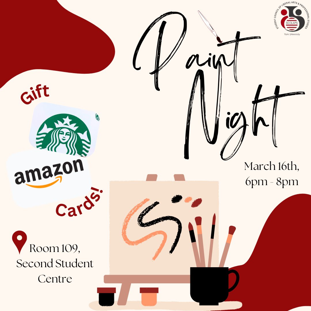 SCOLAPS is proud to present our upcoming paint night!🎨🖌️

Date: Thursday, March 16th
Location: Room 109, Second Student Centre
Time: 6pm - 8pm

Come join us for chance to win an Amazon or Starbucks gift card worth $25 each

Register using the link in our bio