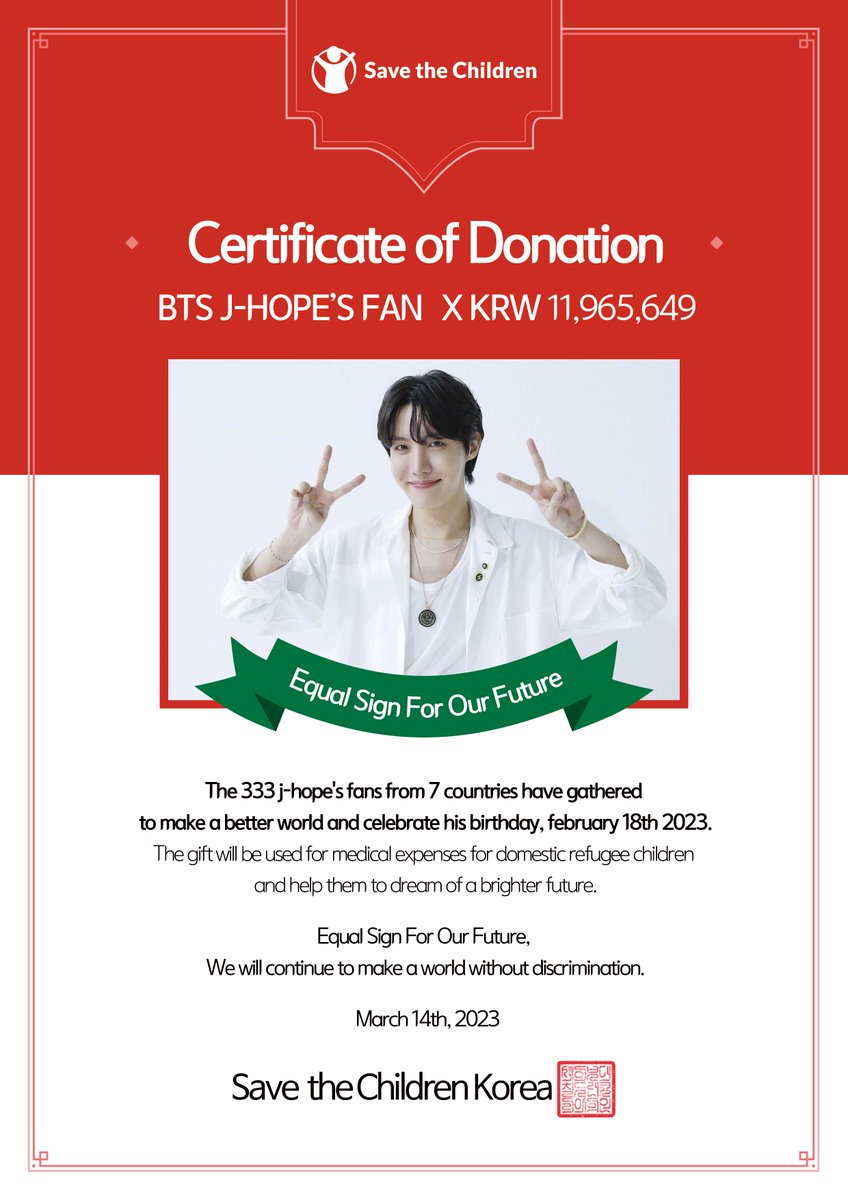 stckorea's tweet photo. Celebrating j-hope's birthday, Fans from 7 countries -Korea, US, AU, JP, Philippines, Sweden, and Taiwan- have donated KRW 11,965,649 for the bright future of domestic refugee children! Thank you💕
#EqualSignForOurFuture #jhope #SavetheChildren #Fandonation
@HOPEONWORLD_twt https://t.co/Jop4qyJBaE
