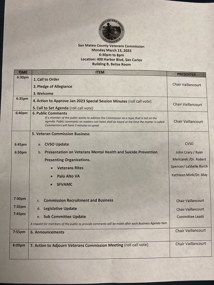 SelinaToyLee's tweet photo. Back in person! The @SMC_CVSO #SMCounty #VeteransCommission is happening now with a full agenda with presentations on veterans mental health and suicide prevention by Veterans Rites, @VAPaloAlto and @SFVAMC #supportveterans https://t.co/z8pjiSkv7f