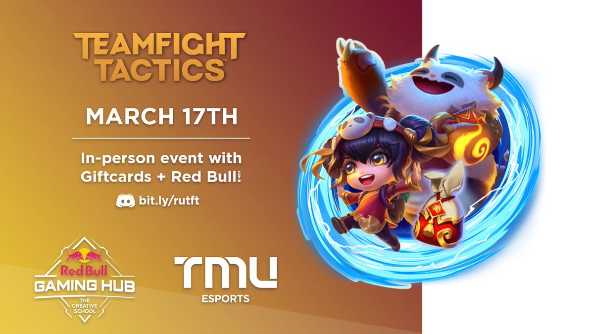 TMUEsports's tweet photo. Calling all TMU Students: Come out to our first in-person TFT event this Friday!

🕕: 6pm
📅: Friday, March 17th
🏫: Red Bull Gaming Hub (RCC 2nd Floor)

‼️ Sign up at https://t.co/5bC2fiQ8yY ‼️ https://t.co/jpOI8FPFF2