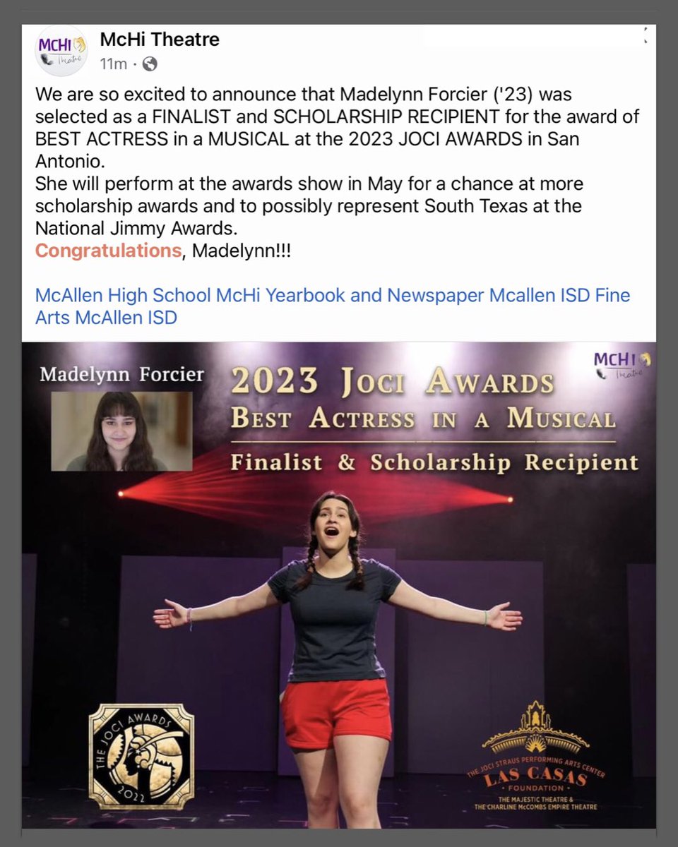 aseatontheaisle's tweet image. 2023 Joci Award Finalist and Scholarship Recipient, Madelynn Forcier, McAllen High School. Valley Proud!
