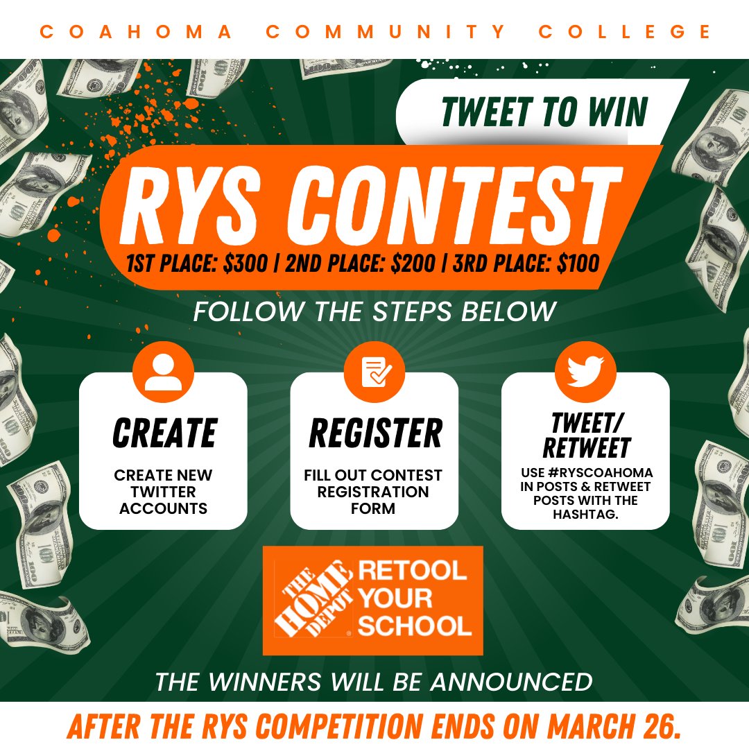 CoahomaCC's tweet photo. #CCCStudents Tweeting for Coahoma could pay off BIG! Sign up and participate in the Tweet to Win RYS Contest for your chance at winning up to $300 CASH! To register &amp; learn more, visit https://t.co/CMhwH9fUQI. #CCC5OnIt #RYSCOAHOMA https://t.co/LEupuTpXh6