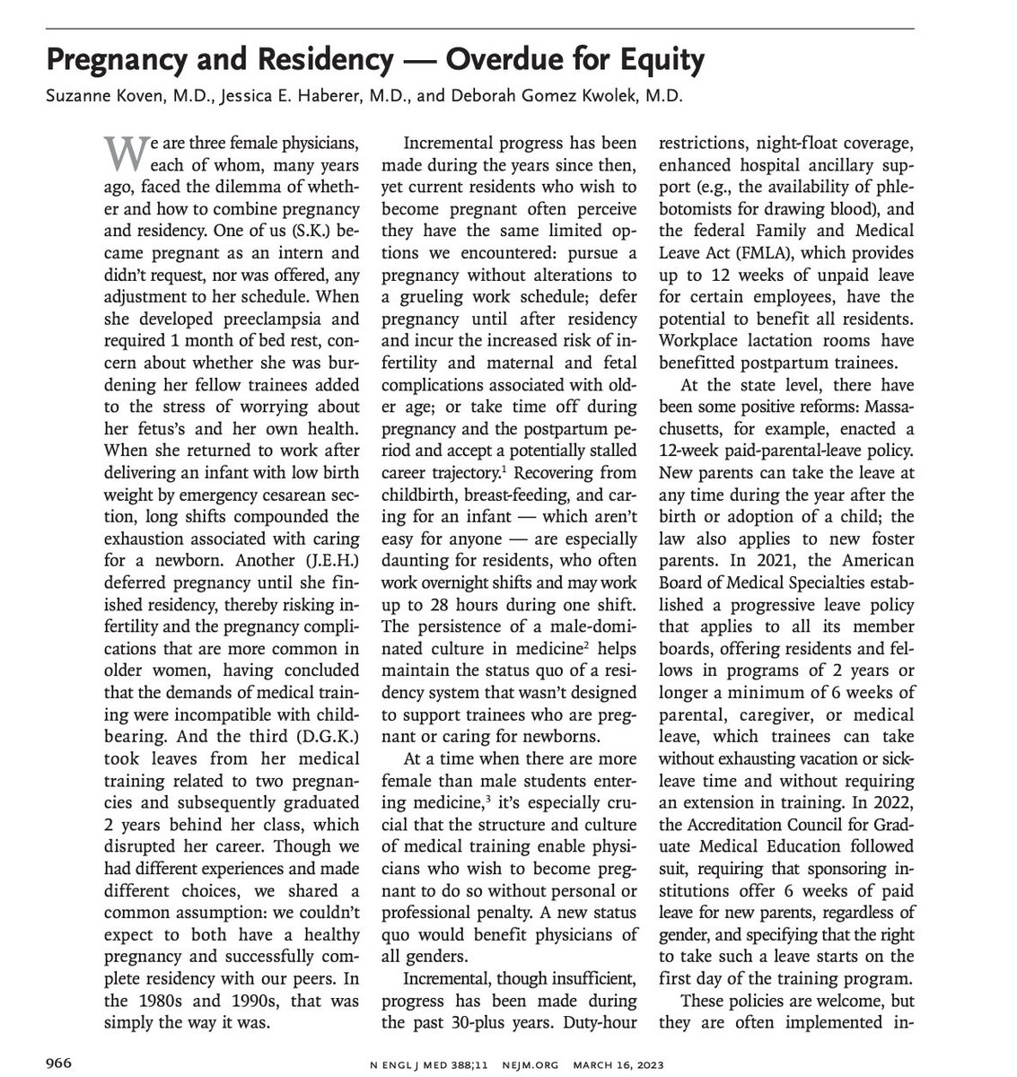 colleenmfarrell's tweet photo. 3 women physicians in @NEJM: "We couldn’t expect to both have a healthy pregnancy and successfully complete residency with our peers."

Their pregnancies were decades ago, and progress has been made, but this still rings so true. https://t.co/qZ7olXNkBa