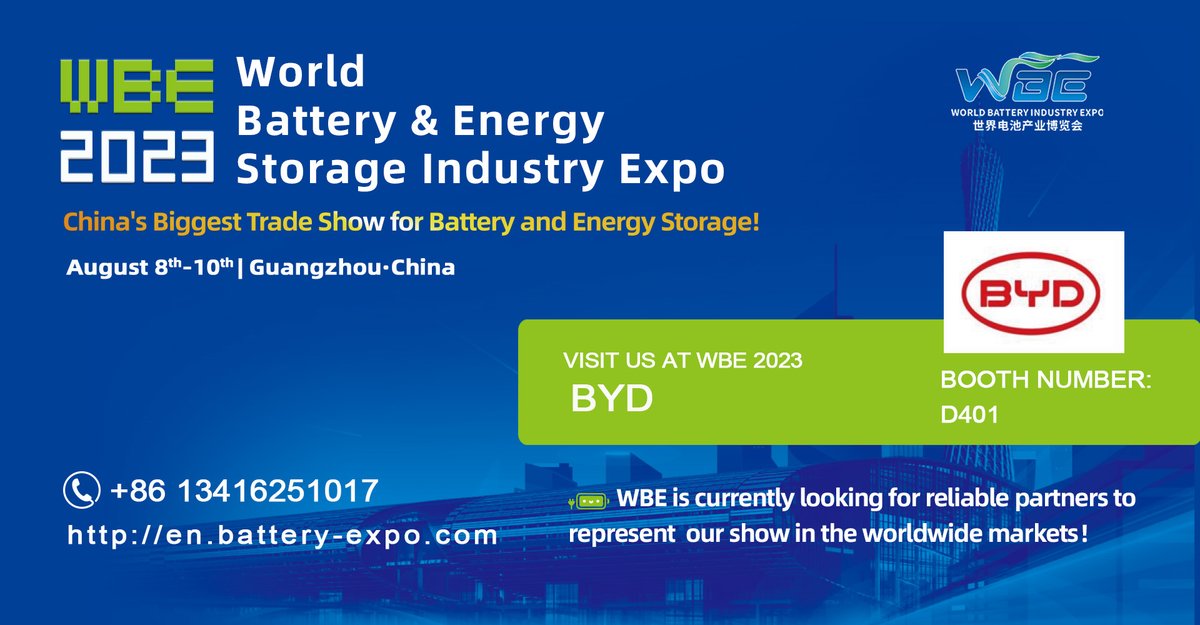 WBE_EXPO's tweet photo. Delighted to announce the attendance of BYD at 2023 World Battery &amp; Energy Storage Expo（WBE） this Aug. in Guangzhou, China! BYD is one of the world's largest providers of rechargeable lithium batteries. #byd #EV #battery #energystorage #rechargeablebattery https://t.co/gyk0FUJUwd