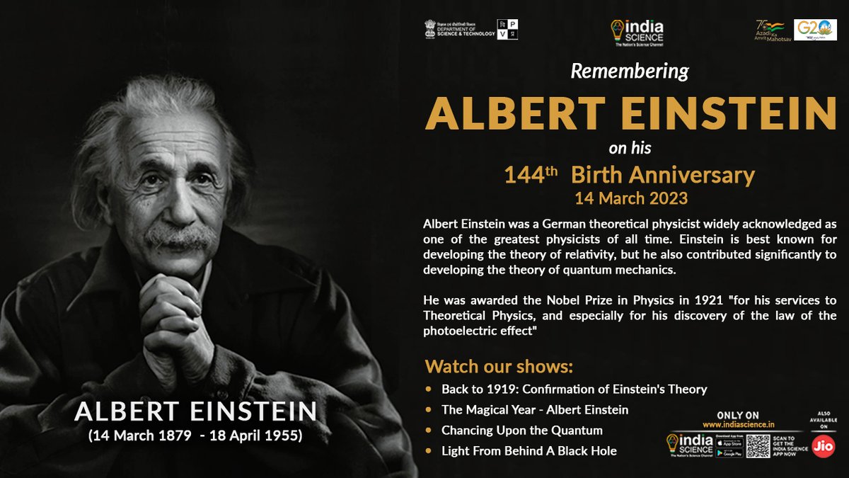 14th March- Remembering Albert Einstein on his 144th birth anniversary 🙏

<a href="/PMOIndia/">PMO India</a> <a href="/DrJitendraSingh/">Dr Jitendra Singh</a> <a href="/IndiaDST/">DSTIndia</a> <a href="/PrinSciAdvGoI/">Principal Scientific Adviser, Govt. of India</a> <a href="/DBTIndia/">Department of Biotechnology</a> <a href="/CSIR_IND/">CSIR, India</a> <a href="/VigyanPrasar/">Vigyan Prasar</a> <a href="/nakulparashar/">Nakul Parashar</a>