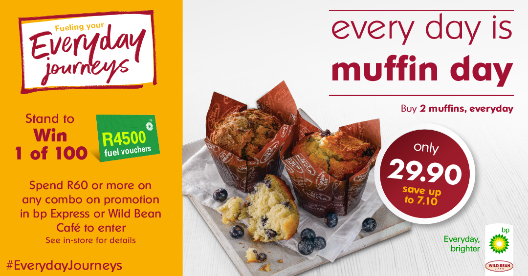 bp_SouthAfrica's tweet photo. Get to your nearest #WildBeanCafe and pick up two freshly baked muffins for only R29.90 daily. Also, spend R60 or more on promotional combos and stand a chance to win a fuel vouchers valued at R4500.
Entry details in-store.
#EverydayJourneys #winwith #bpexpress #WildBeanCafe https://t.co/bFajQde96t