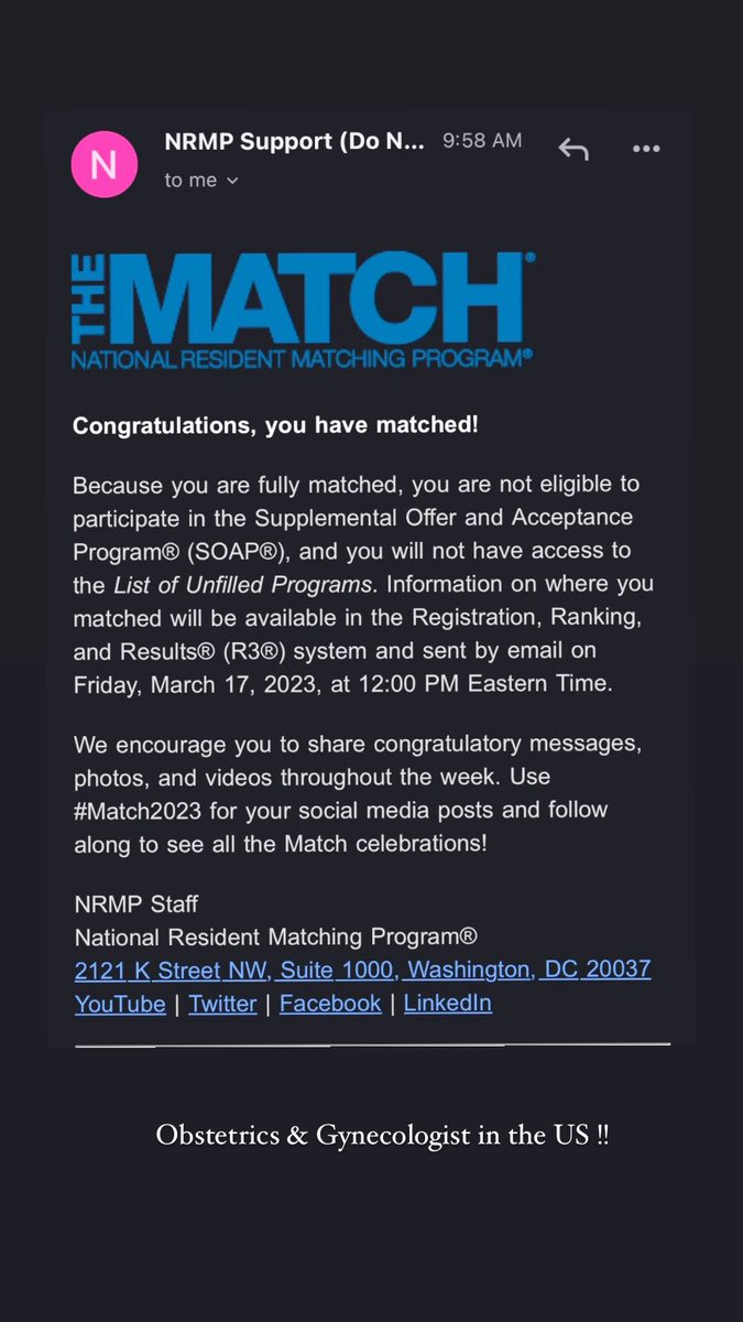 I’m so proud that I will be contributing to Woman’s health. Thank you to every woman I have interacted in my life to give me the courage to pursue this specialty in the US. Thanks to every single soul who simply existed - I owe it to all of you. #obgyntwitter #Match2023