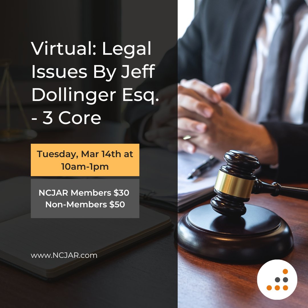 CrystalNCJAR's tweet photo. Join us on Tuesday, March 14th from 10am-1pm for LEGAL ISSUES, where you'll get to experience firsthand what it's like to be guided by Jeff Dollinger, Esq. Board Counsel and expert in the legal field for the past 30 years. Register online: https://t.co/WjTyAb2lRt #NCJAR #NJ #CE https://t.co/68wySUytkl