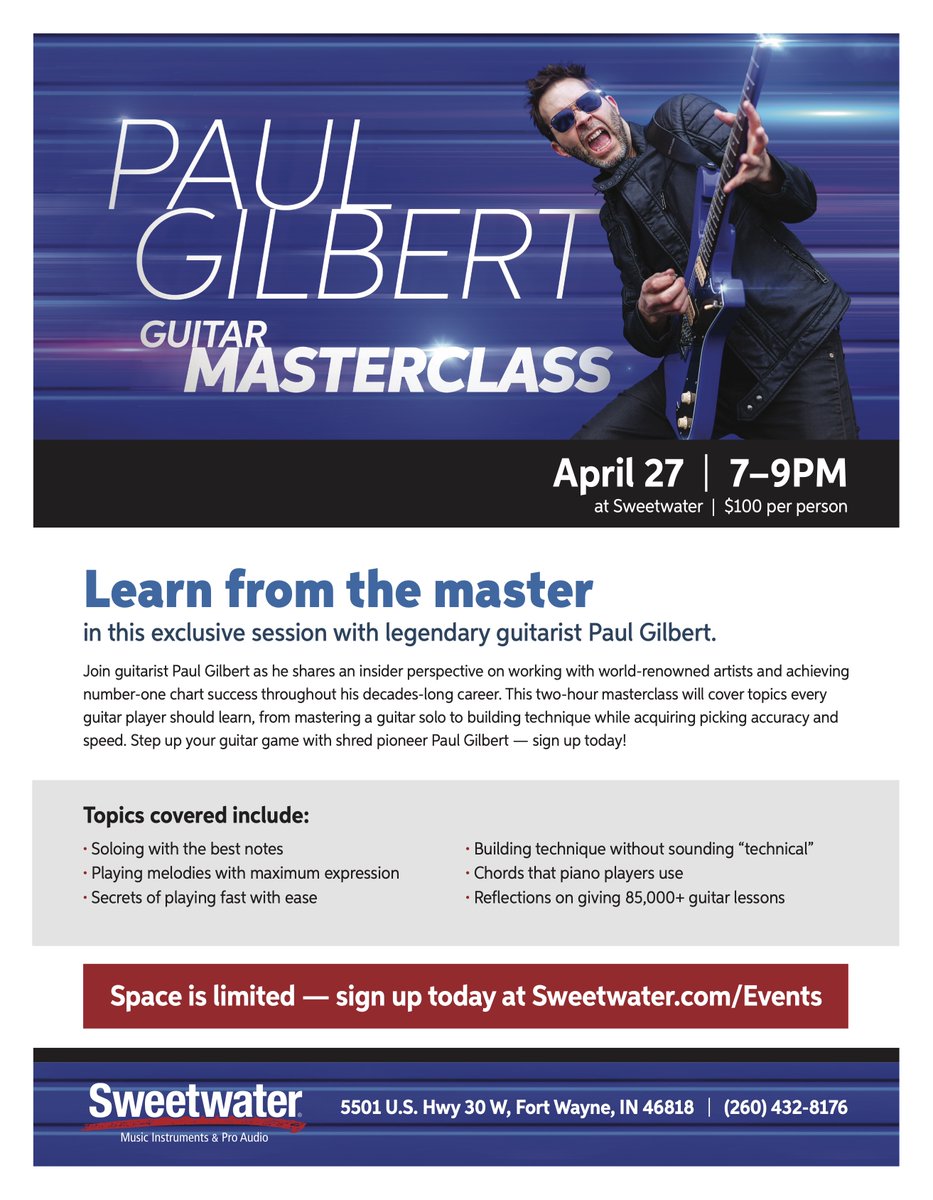 Join me at <a href="/SweetwaterSound/">Sweetwater</a> for a Guitar Masterclass! It's April 27 from 7-9PM. There's still room but don't wait too much longer...   Register - bnds.us/3imkr3