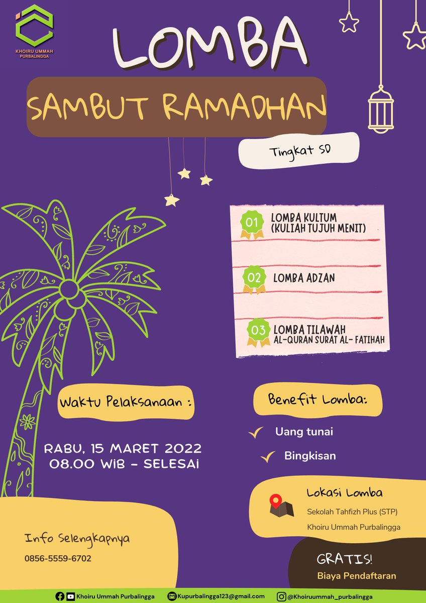 KUpurbalingga's tweet photo. (Lomba Sambut Ramadhan Tingkat SD)

Dalam rangka "Menyambut Bulan Ramadhan". Sekolah Tahfizh Plus Khoiru Ummah Purbalingga mengadakan perlombaan dengan hadiah menarik.
.
#Khoiruummah #purbalingga #khoiruummahpurbalingga #tahfidz #penghafalalquran #pemimpinmasadepan https://t.co/JPmGBl2Ejn