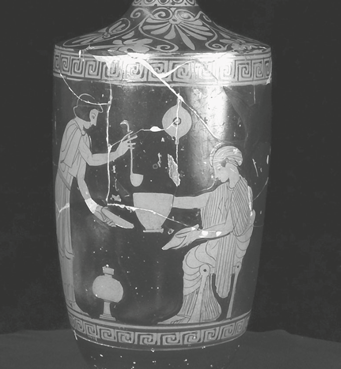This red-figure lekythos is an oil vessel from ancient Athens depicting two elegantly dressed women pouring soup, with intricate details shown through the red-figure technique. Ca. 470 BC. Haverford College.