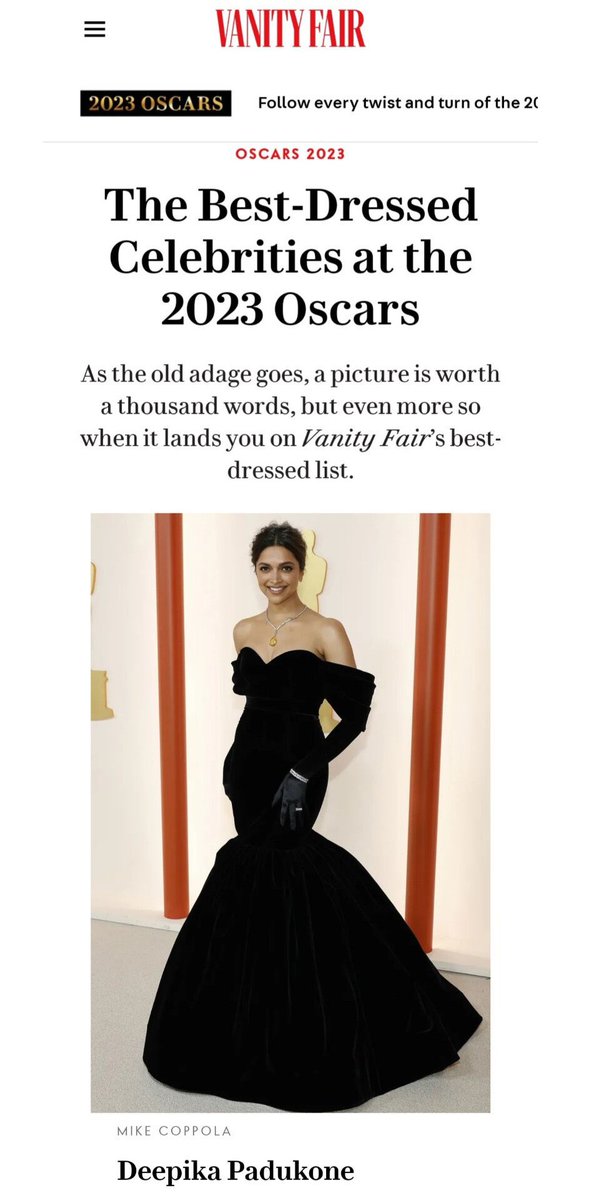 اطلالة ديبيكا بادكون من حفل جوائز الاوسكار مدرجة في قائمة افضل الاطلالات في موقع Vanity Fair ✨