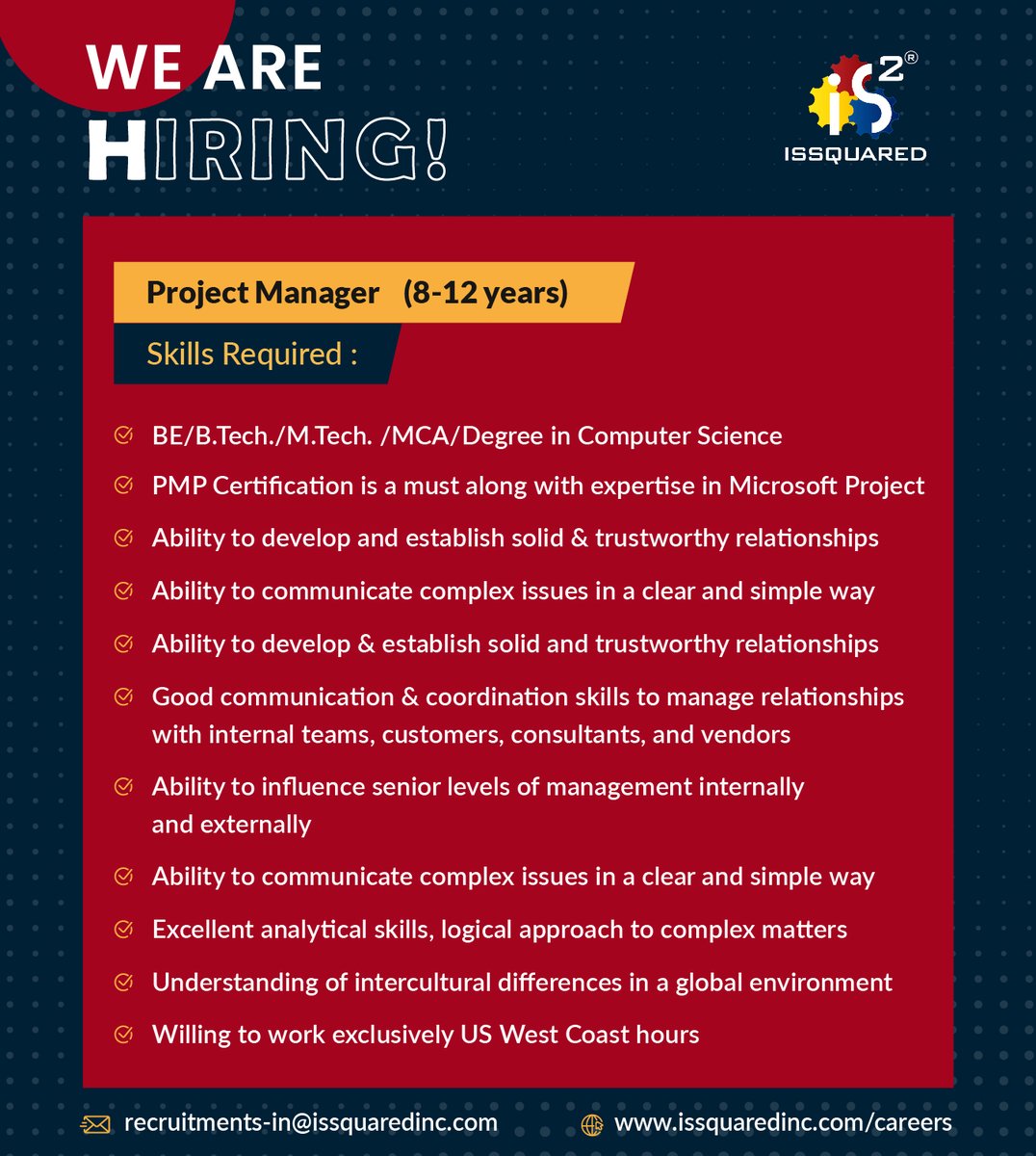 IssquaredInc's tweet photo. We are searching for a PMP Certified Microsoft Project expert who has 5 to 6 years of experience as a Project Manager on IT Infrastructure-related projects

 Apply here: https://t.co/9duiNAMkrr

#ISSQUARED #jobs  #jobsearch #jobsinindia #jobsinhyderabad #jobalert #jobhunt https://t.co/dDGa7f76bn