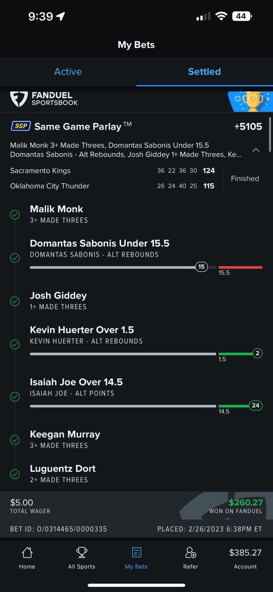 ParlayPr0phets's tweet photo. 5 into 260 #fanduel #nba #parlay #nbaparlay #draftkings #betmgm #sgp #kings #thunder https://t.co/vCAsnm353k