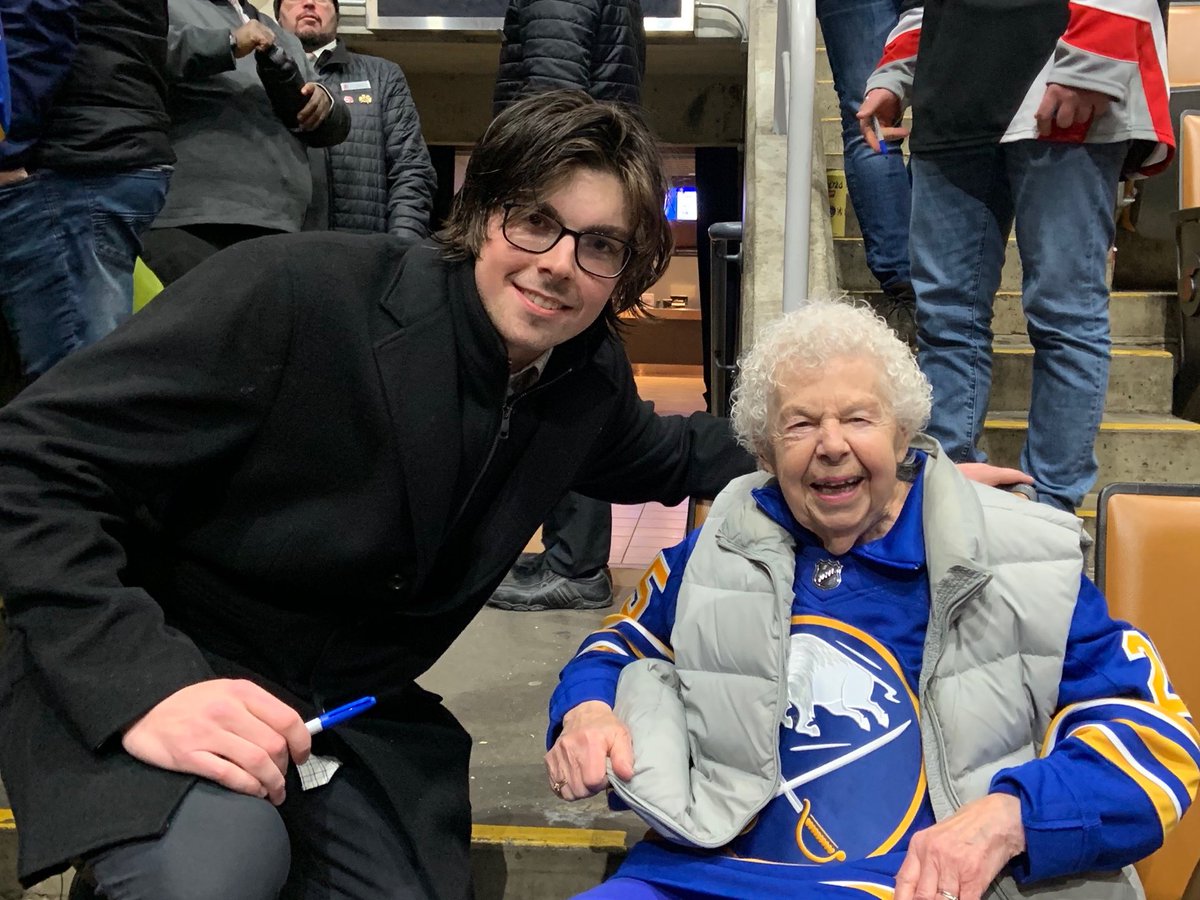 NHL's tweet photo. Owen Power gave his 93-year-old grandmother Yvonne a lot to cheer about tonight. 💙 

A two-point performance and a HUGE @BuffaloSabres comeback win!

(📸: @Zeisberger) https://t.co/lbIUTFBRLx