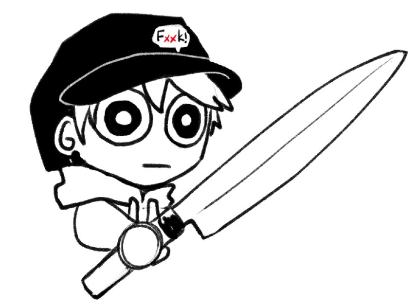 1boy weapon male focus monochrome hat holding sword  illustration images