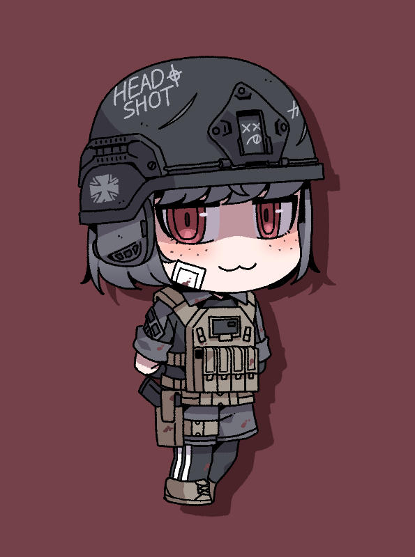 1girl helmet red eyes solo :3 chibi bulletproof vest  illustration images