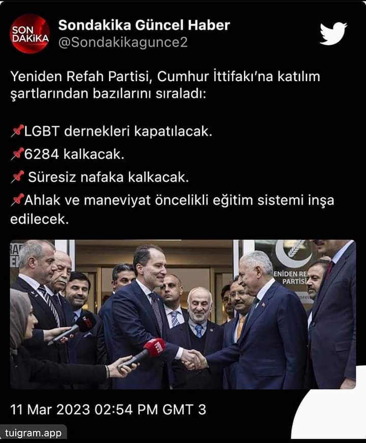 Derya Yanık: "6284 Sayılı Kanunun tartışmaya açılması dahi kabul edilemez" demiş.

Neden, ayet mi bu?

#TesekkuerlerErbakan

bir hafta daha karar verme "ittifak" konusunda, adaylığın son gününe kadar
ne güzel tartışılıyor söylediklerin,
anlayacaklar, devam lütfen