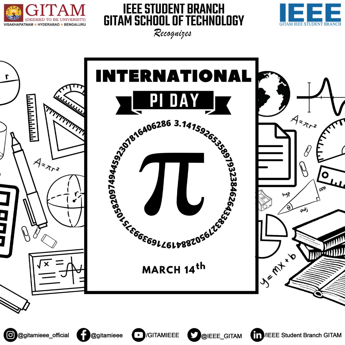 IEEE_GITAM's tweet photo. "Pi is the symbol of the infinite, the ultimate enigma, the great mystery of the universe." Pi represents something much larger than just a number, and that its mysteries and infinite nature continue to fascinate and intrigue us. https://t.co/7IXsV1lKMr