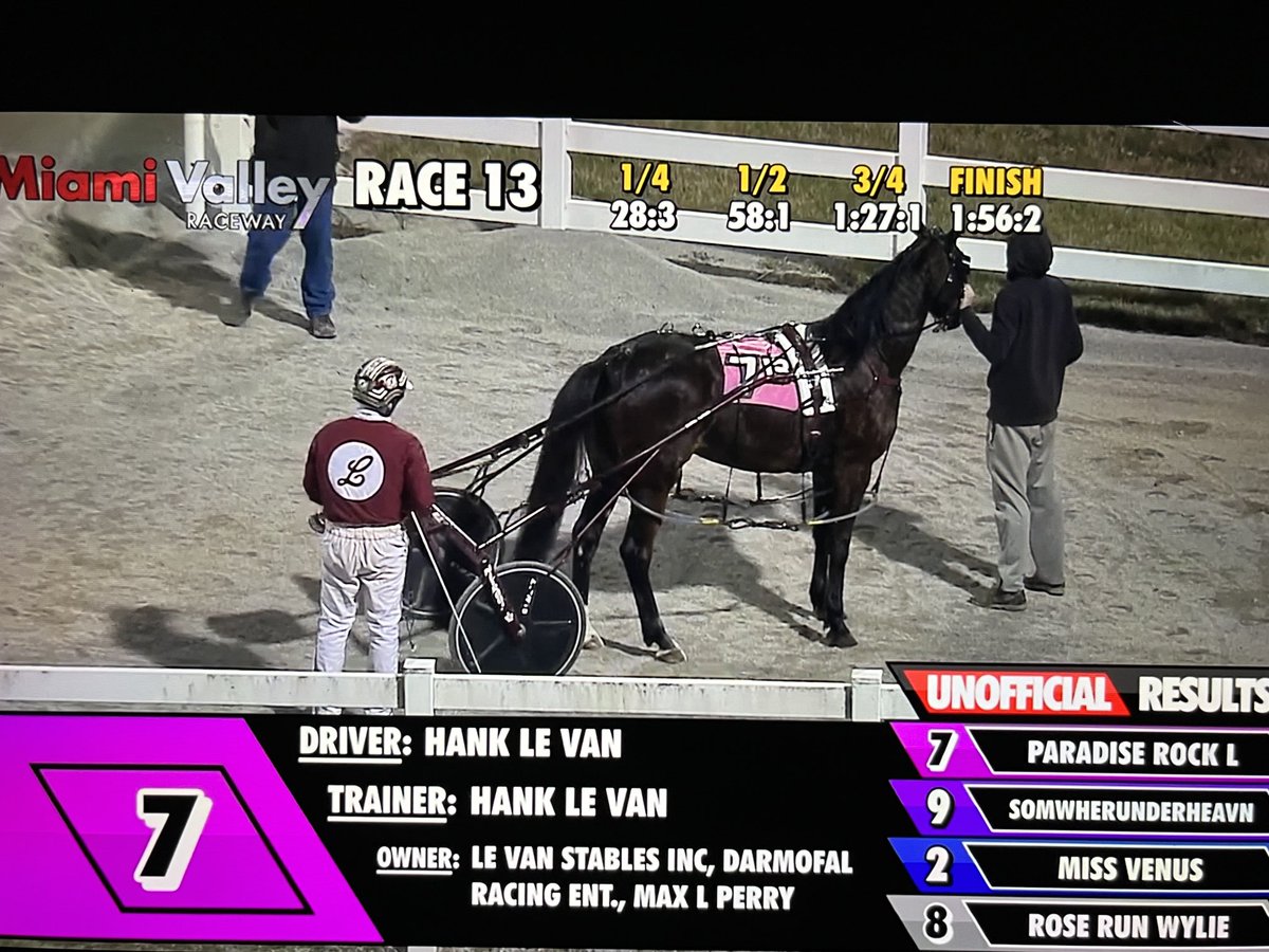 PARADISE ROCK L wins in her first race of 2023  on Monday at Miami Valley. Good drive by Hank LeVan.