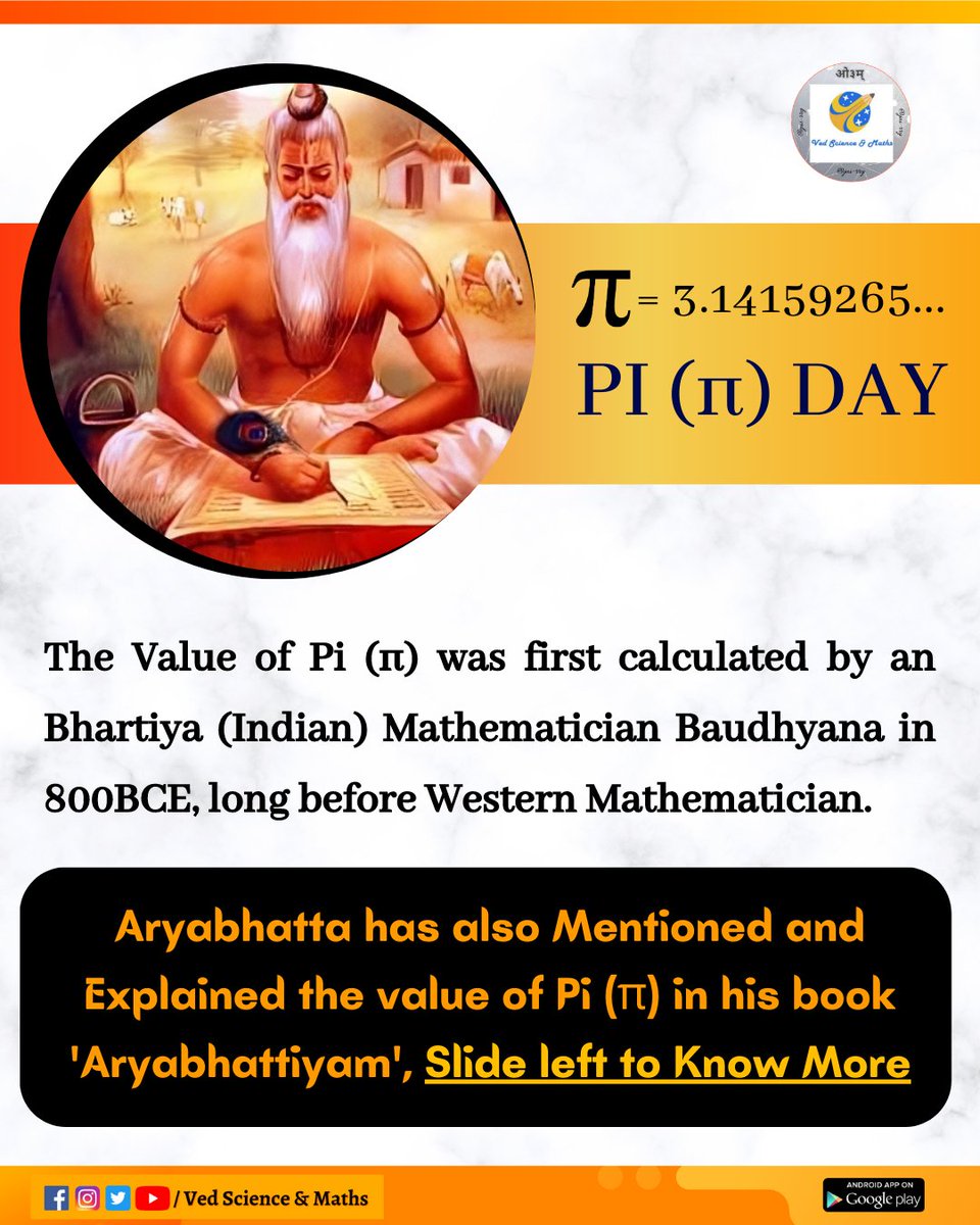 jai_rry's tweet image. It&apos;s Pi (π) Day today.
The value of this Mathematical constant is a significant part of mathematics, not just today but from Ancient Times; different scholars have been working on its value. The first mention and calculated value can be traced back to Ancient India.

#piDay2023