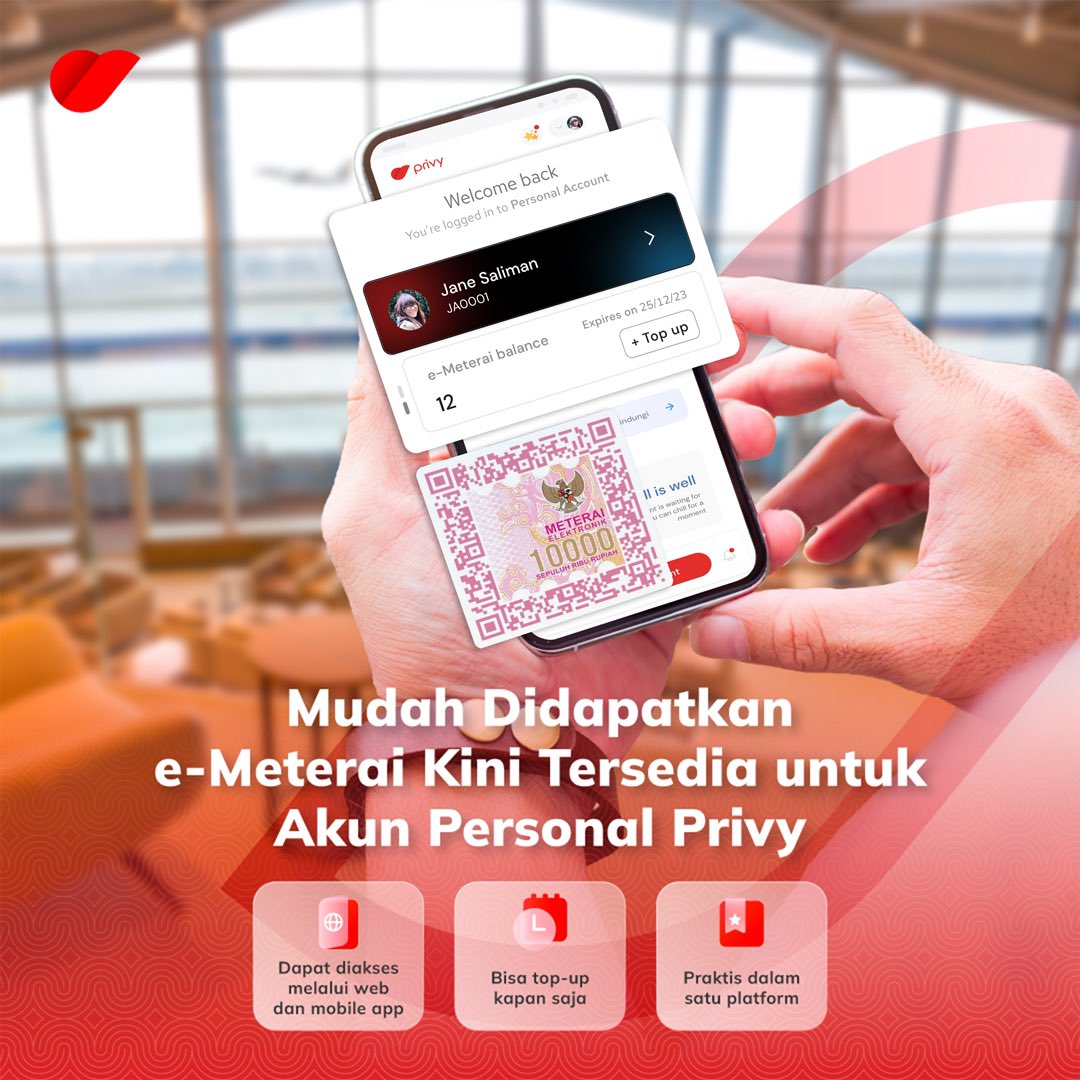 PrivyID's tweet photo. Kabar baik! Meterai elektronik kini tersedia untuk pengguna akun Personal. Membubuhkan meterai dan tanda tangan pada dokumen elektronik jadi lebih mudah, tanpa perlu repot cetak dan scan dokumen fisik lagi.
Belum punya akun Privy? Registrasi sekarang!
#PrivylegeForEveryone https://t.co/tY1MtoCaQL