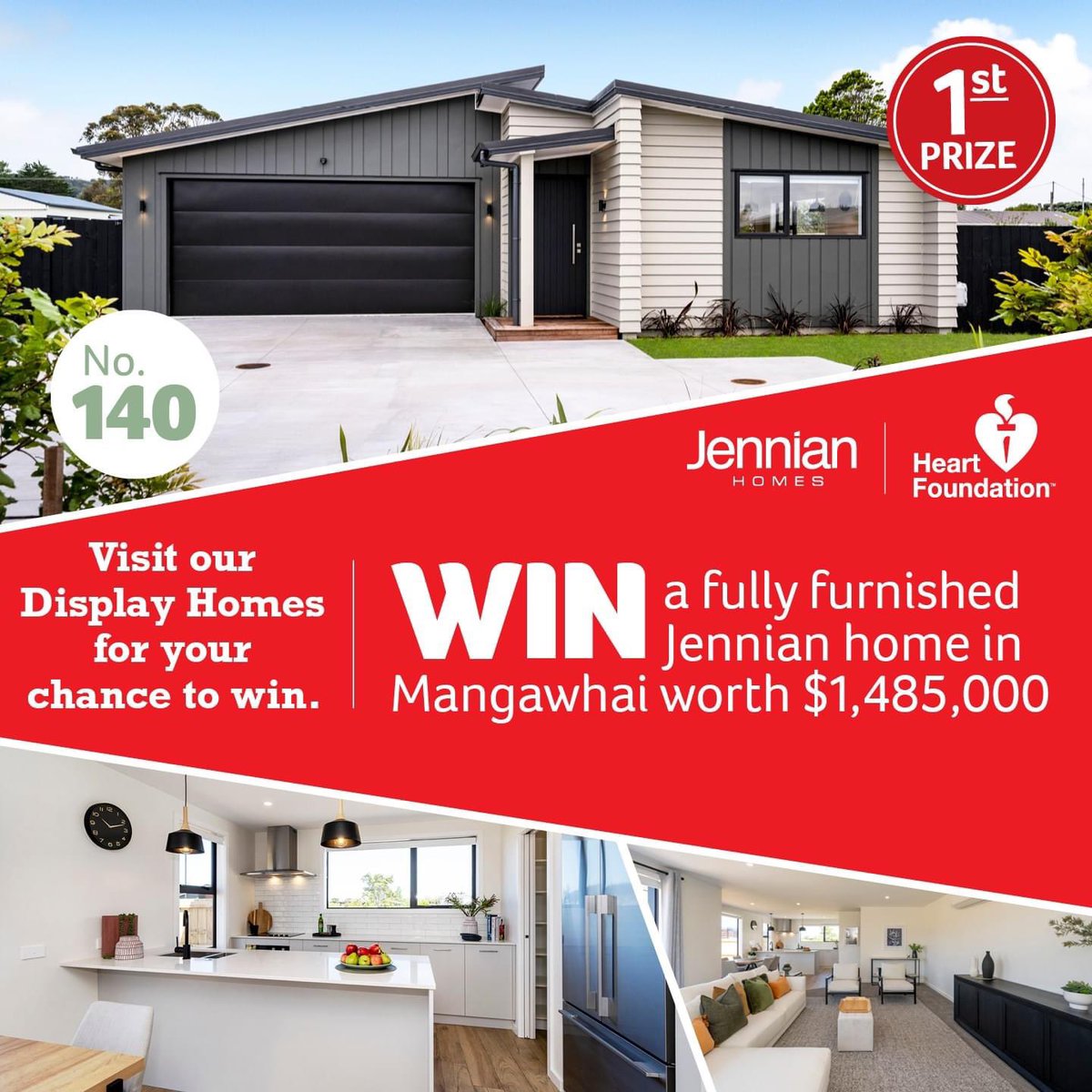 We’re pretty excited to deliver our first Heart Foundation Lottery Home

Lottery 140 is now open so you can be in with a chance to WIN this stunning new Mangawhai home valued at $1,485,000!

Visit our website for more information jennian.co.nz/win-the-jennia…