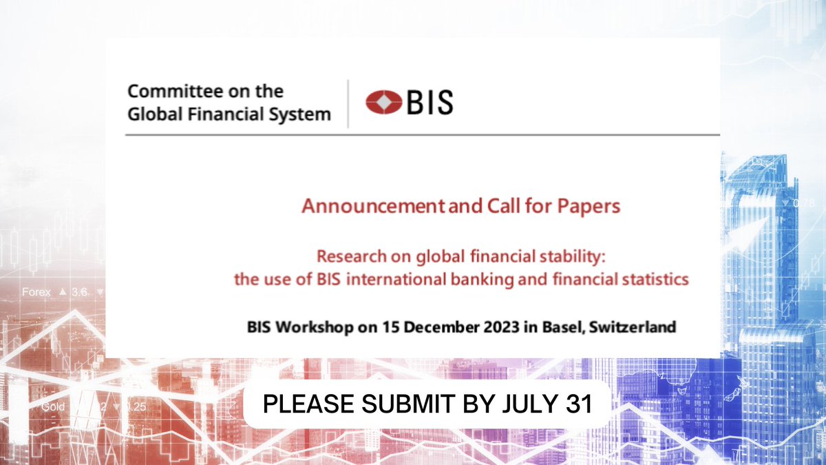 The <a href="/BIS_org/">Bank for International Settlements</a> is hosting their 5th workshop on "Research on global financial stability: the use of BIS international banking and financial statistics" (Basel, Dec. 15 2023).  More information incl. the #CFP is available on➡️bis.org/events/cgfs_ib…
#financialstability #statistics